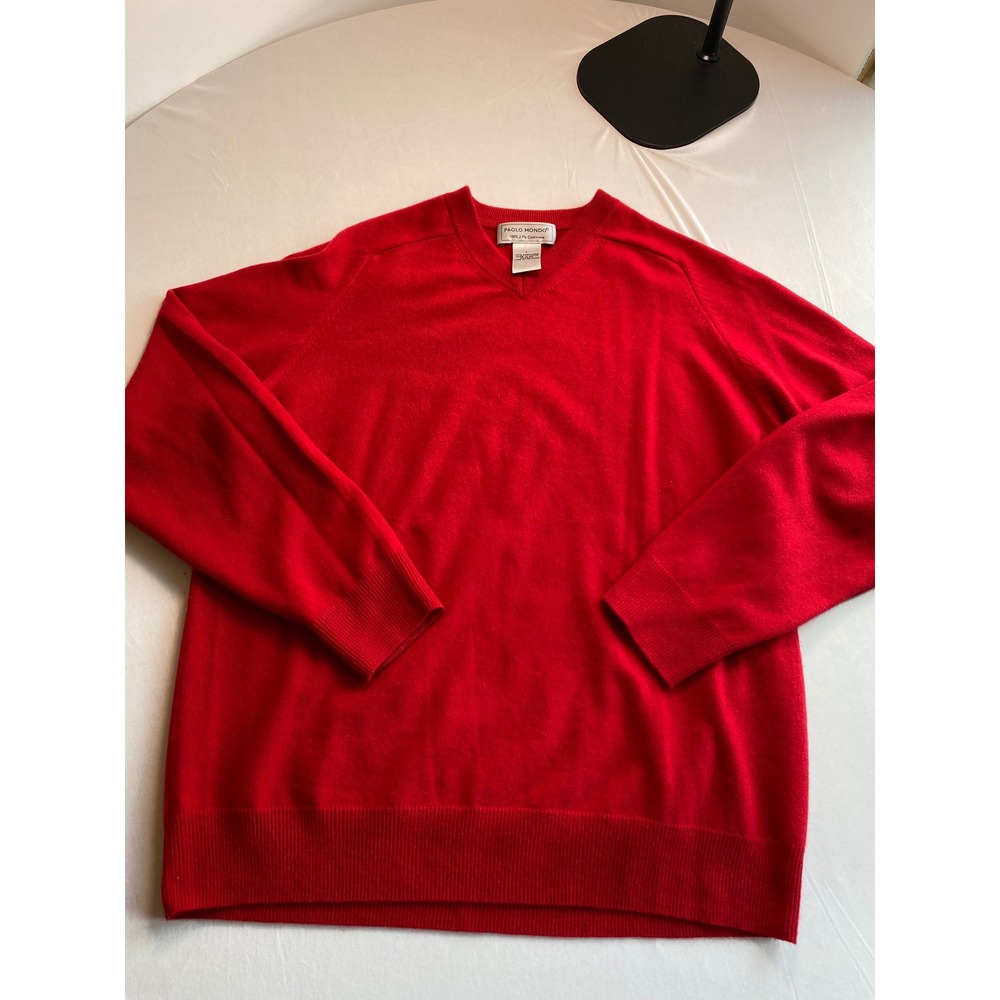 Paolo Mondo Mens Red 100% 2 Ply Cashmere V-Neck Raglan Sweater Large